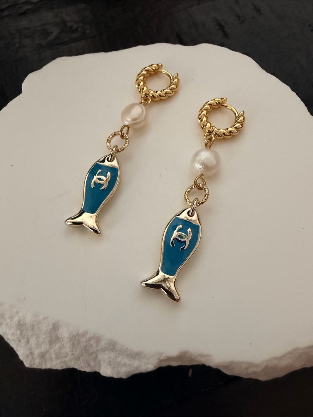 Blue Enamel Fish Drop Earrings